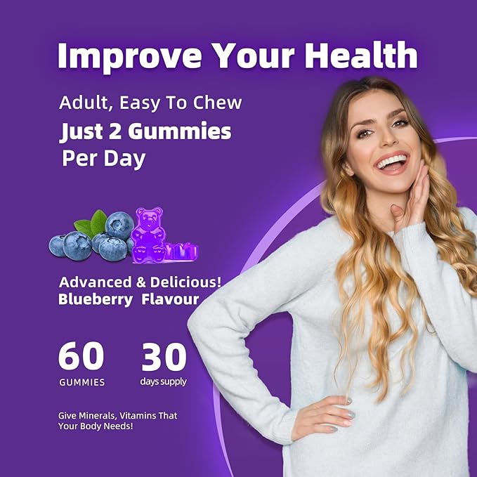 Calcium Magnesium Zinc Gummies with Vitamin D3 & K2 - High Potency Enhanced Absorption -60 Blueberry Gummies Flavored