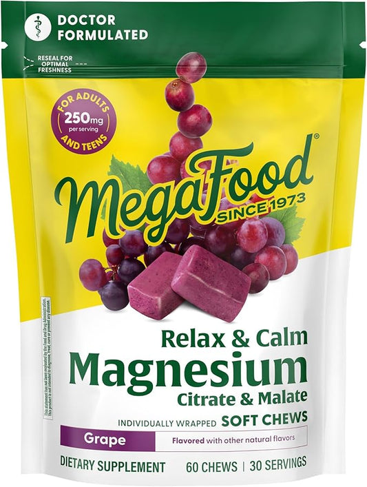 MegaFood Relax + Calm Magnesium Supplement - Soft Chews with Magnesium Citrate & Malate for Heart Health, Muscle Tension & More - Vegetarian - Grape-Flavor - 60 Chews (30 Servings)