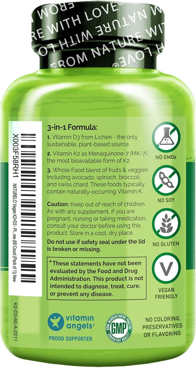 NATURELO Vitamin D3 K2 - Vegan K2+D3 with Plant Based D3 from Lichen - Natural D3 Supplement for Immune System, Bone Support, Heart Health - Whole Food - Non-GMO - Gluten Free, 60 Capsules (Pack of 2)