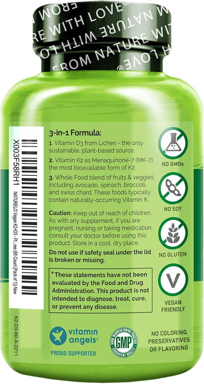 NATURELO Vitamin D3 K2 - Vegan K2+D3 with Plant Based D3 from Lichen - Natural D3 Supplement for Immune System, Bone Support, Heart Health - Whole Food - Non-GMO - Gluten Free, 60 Capsules (Pack of 2)