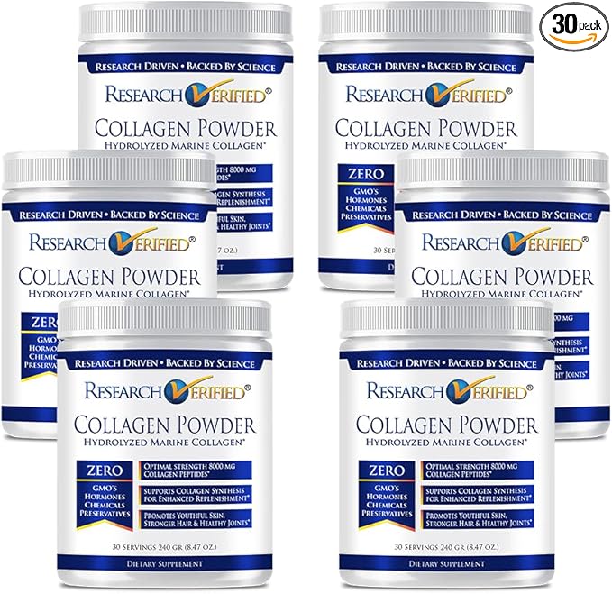 Research Verified® Collagen Powder - Hydrolyzed Marine Collagen - Unflavored - Skin Hydration and Elasticity, Muscle Recovery, Non GMO - 30 Scoops Per Container - 6 Month Supply
