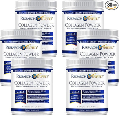 Research Verified® Collagen Powder - Hydrolyzed Marine Collagen - Unflavored - Skin Hydration and Elasticity, Muscle Recovery, Non GMO - 30 Scoops Per Container - 6 Month Supply