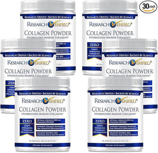 Research Verified® Collagen Powder - Hydrolyzed Marine Collagen - Unflavored - Skin Hydration and Elasticity, Muscle Recovery, Non GMO - 30 Scoops Per Container - 6 Month Supply