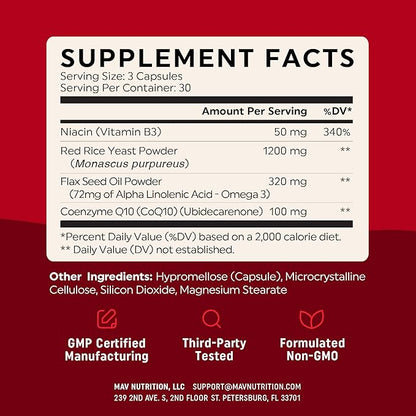 Red Yeast Rice with CoQ10 + Omega 3 for Healthy Cholesterol Support | 1200mg | Heart Health Support | Red Yeast Rice 1200 mg. Capsules | Non-GMO, Gluten-Free | Heart Health Supplements | 90 Ct