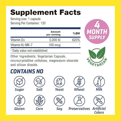 Vitamin K2 D3-100mcg of Vitamin K2 (as MK-7) and 125mg (5,000iu) of Vitamin D3, K2 D3 Vitamin Supplement Supports Healthy Bones and Circulation, Vitamin D3 K2 120 Capsules