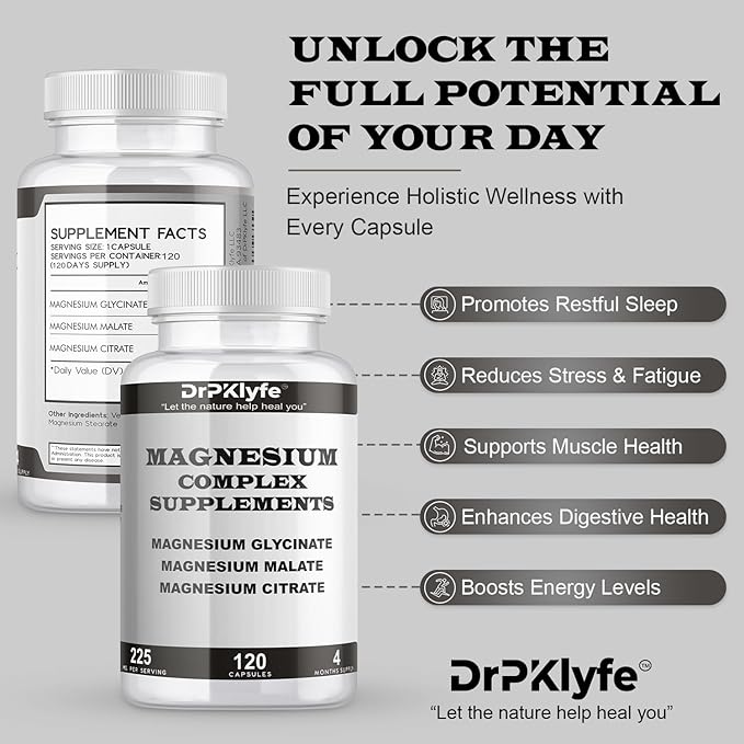 Board Certified Internist's Recommendation: Magnesium Complex Capsule| Glycinate |Malate|Citrate for Optimal Health|225mg, 4 Months Supply for Heart, Muscle & Bone Health - DrPKLyfe