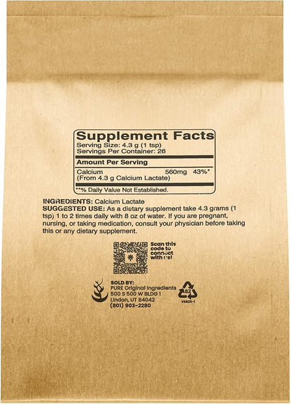 Pure Original Ingredients Calcium Lactate (4oz) Calcium Supplement, Electrolyte, Non-GMO