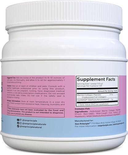 Zen Principle Marine Collagen Peptides Powder with OptiMSM® Supplement. Clinically Tested for Skin Support. Wild-Caught Fish, Non-GMO. Container 16 oz