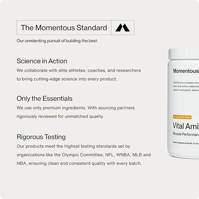 Momentous Vital Aminos Powder Supplement - BCAA & EAA, Tropical Punch - NSF Certified, GMO-Free, Gluten Free, 30 Servings (Package May Vary)
