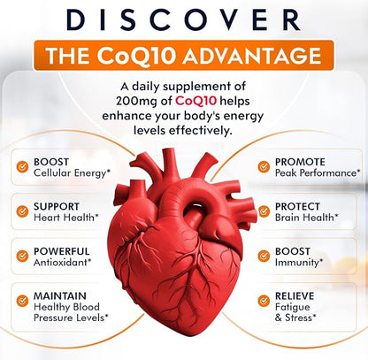 Premium CoQ10 200mg Softgels, Coenzyme Q10 Supplement with Enhanced Absorption, Antioxidant Formula for Heart Health, Energy Production & Healthy Aging, Non-GMO, 100 Count