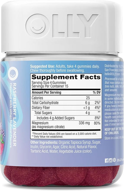 OLLY Relaxing Magnesium Gummies, Supports Muscle Relaxation*, Magnesium Citrate, Raspberry Lavender Flavor, 15 Day Supply - 60 Count