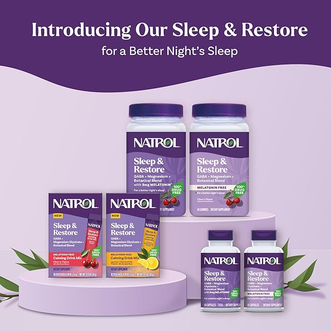 Natrol Sleep & Restore Calming Drink Mix with Magnesium Glycinate, Magnesium Sleep Aid, Melatonin-Free, Cherry, 10 Stick Packs