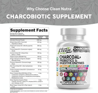 Clean Nutra Activated Charcoal Capsules Shilajit 5000mg Pills Probiotic 200 Billion + Digestive Enzymes for Digestive Health with Peppermint Fennel Licorice Papain Ginger Turmeric | Gut Health