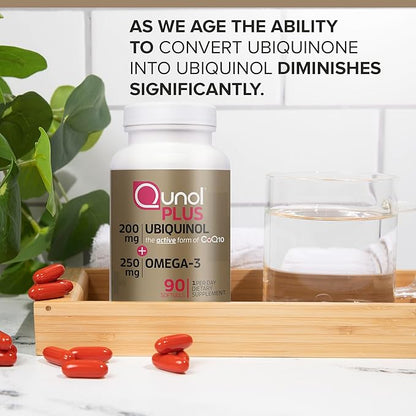 Qunol Plus Ubiquinol + Omega 3, Ubiquinol CoQ10 200mg with 250mg Omega-3 Fish Oil, Extra Strength, Antioxidant for Heart Health, Natural Supplement for Energy Production, (Bovine Version), 90 Count