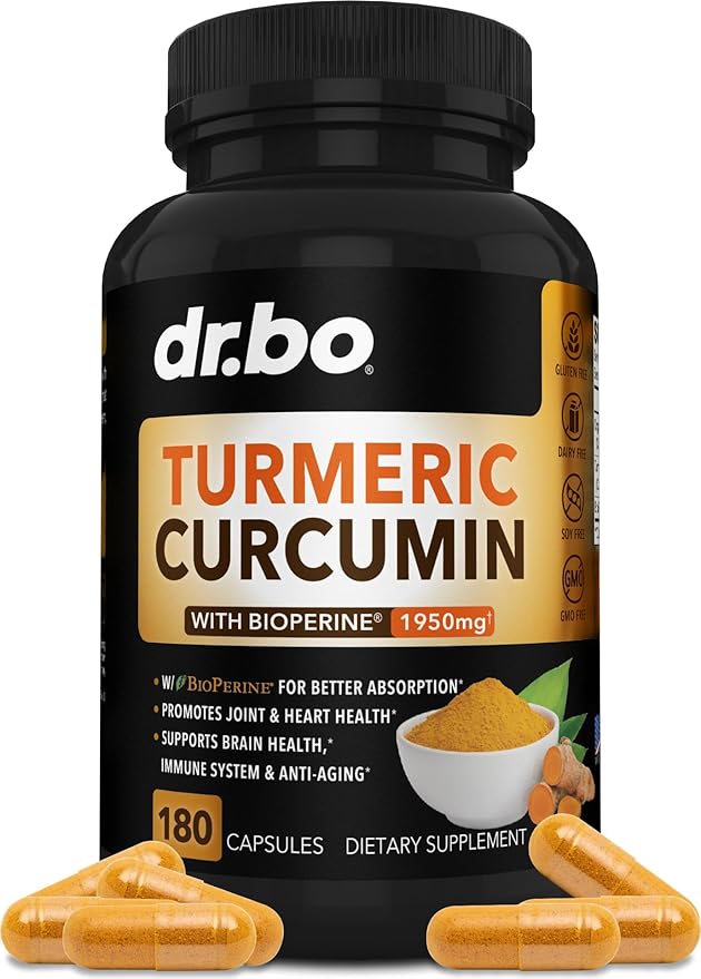 Turmeric Curcumin with BioPerine Supplement Capsules - Support Supplements with 1950mg Curcuma Longa Pure Organic Tumeric and Curcumin BioPerine Black Pepper - 180 Turmeric Pills