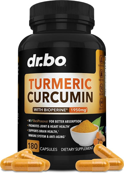 Turmeric Curcumin with BioPerine Supplement Capsules - Support Supplements with 1950mg Curcuma Longa Pure Organic Tumeric and Curcumin BioPerine Black Pepper - 180 Turmeric Pills
