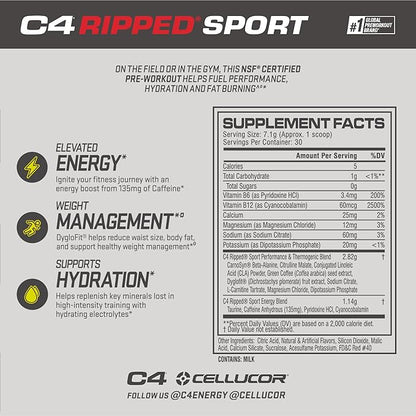 Cellucor C4 Ripped Sport Pre Workout Powder Fat Burner - NSF Certified for Sport + Sugar Free Preworkout Energy Supplement for Men & Women - 135mg Caffeine + Weight Loss - Fruit Punch, 30 Servings