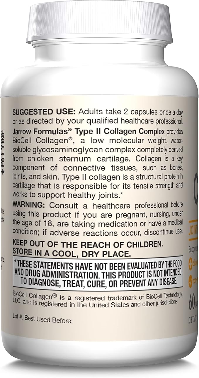 Jarrow Formulas Type II Collagen Complex 1000 mg Supplements, Supports Skin and Joint Health, 60 Capsules, 30 Day Supply(Pack of 12)