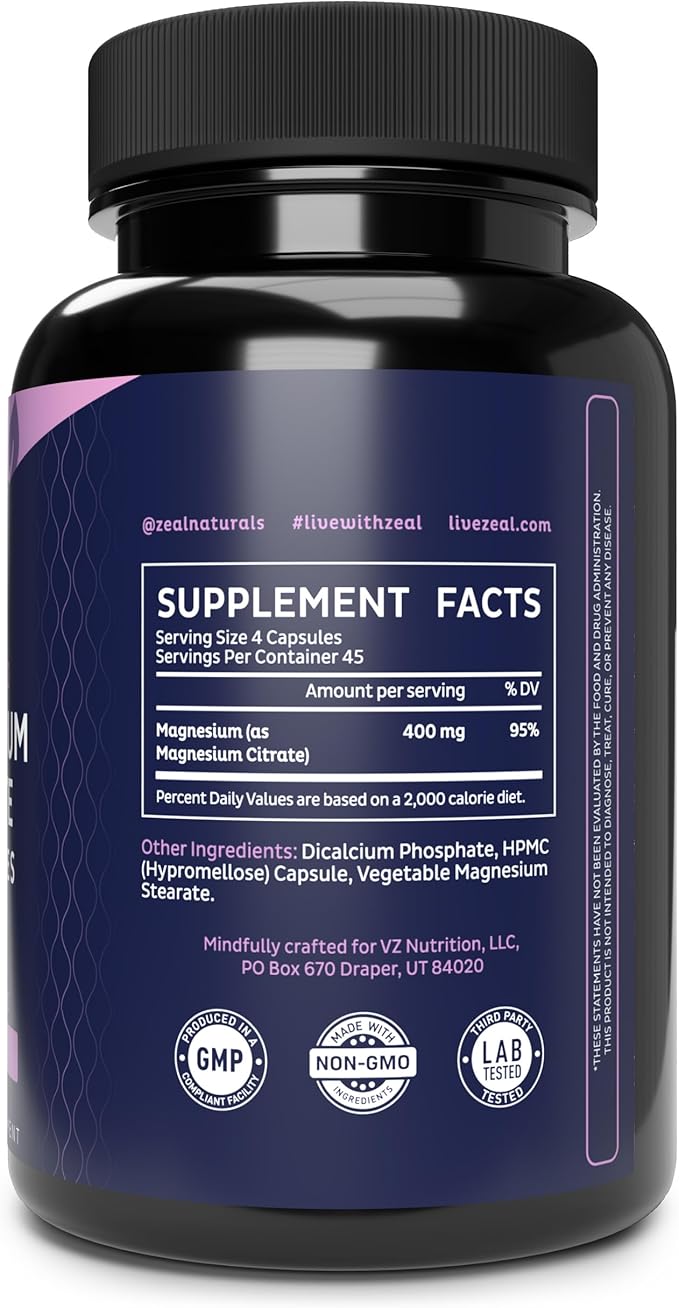 Zeal Premium Chelated Magnesium Citrate (400mg | 180 Capsules)