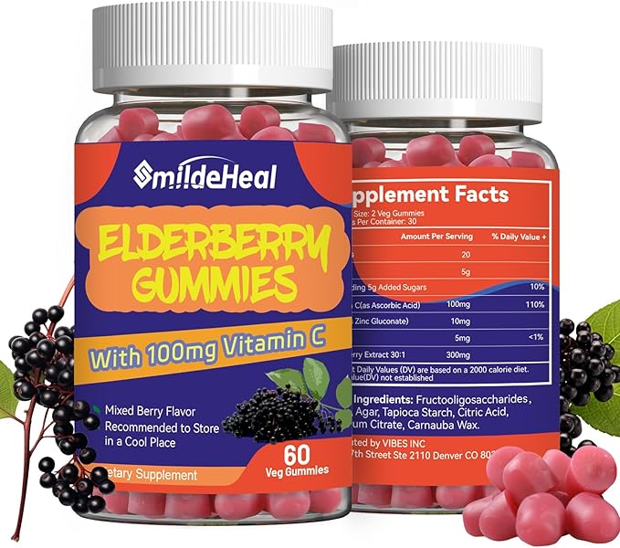 Elderberry Gummies, Elderberry Extract 300mg, with Vitamin C and Zinc, Strawberry Flavor Gummies, Non-GMOs, Gluten Free, Vegan-Friendly, Immune Support, 60 Count (Pack of 2)