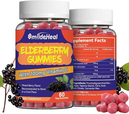 Elderberry Gummies, Elderberry Extract 300mg, with Vitamin C and Zinc, Strawberry Flavor Gummies, Non-GMOs, Gluten Free, Vegan-Friendly, Immune Support, 60 Count (Pack of 2)