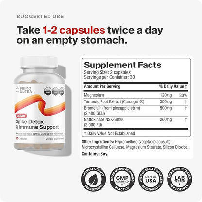 Spike Detox Supplement with Branded Nattokinase (NSK-SD), Bromelain, Branded Curcumin 500mg (Curcugen), and Molecular Hydrogen - Potent Foreign Protein Cleanse