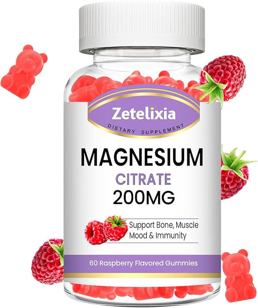 Magnesium Citrate Gummies, High Absorption Magnesium Gummies for Adults, Muscle & Teeth Support, 60 Vegan Natural Raspberry Gummies