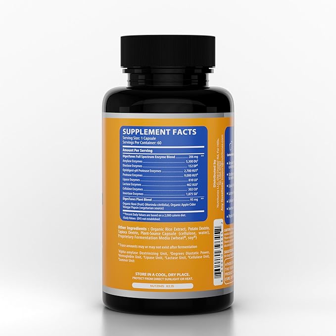 DigesTunes – Premium Digestive Enzymes to easily digest Carbs, Fats, Proteins & Lactose - Supports after-meal Bloating & Discomfort Relief – Food Grade Multi Enzyme Vegan Supplement, 60-Day Supply