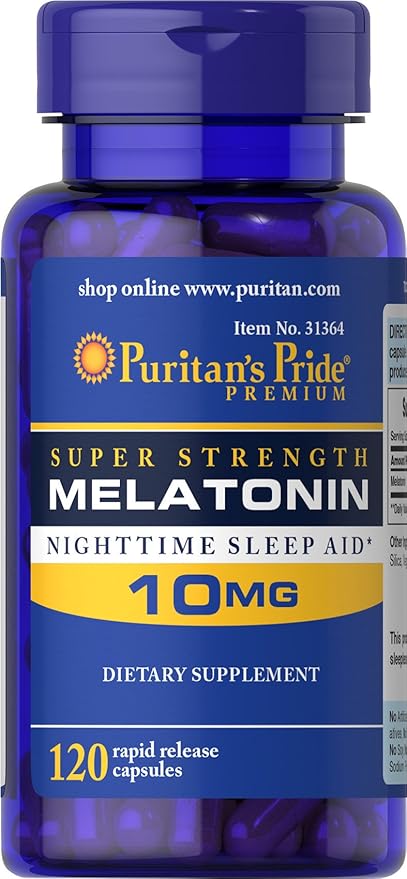 Puritan's Pride Premium Super Strength Melatonin 10mg Sleep Aid, Dietary Supplement for Sound, Restful, and Longer Sleep Support, 4 Month Supply, 120 Rapid Release Capsules (Packaging May Vary)
