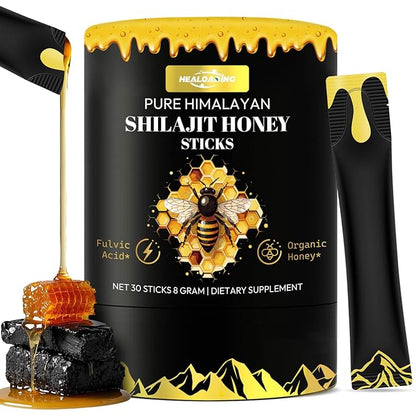 Himalayan Shilajit Honey Sticks for Men: Shilajit for Women with Organic Honey and Saffron 30 Sticks for Energy Boost & Immune Support, 85+ Trace Minerals, 75%+ Fulvic Acid