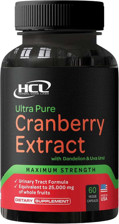Cranberry Extract Pills - Super Strength 50:1 Whole Fruit Concentrate Equals to 25,000mg of Fresh Cranberries Plus Dandelion & Uva Ursi - Natural UTI Support - Kidney Cleanse & Urinary Tract Health