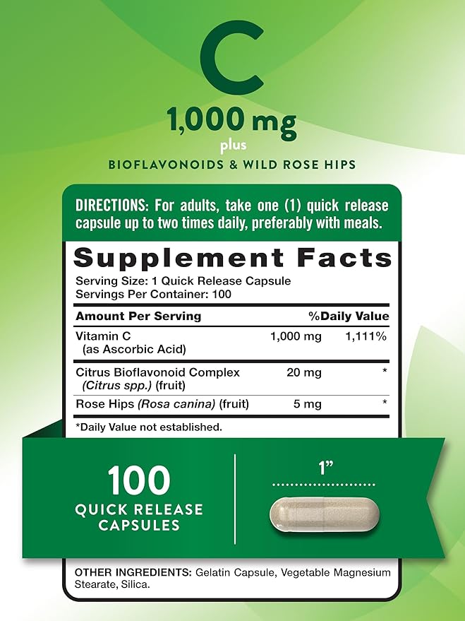 Nature's Truth Vitamin C 1000mg | 100 Capsules | with Wild Rose Hips & Bioflavonoids | Non-GMO & Gluten Free Supplement