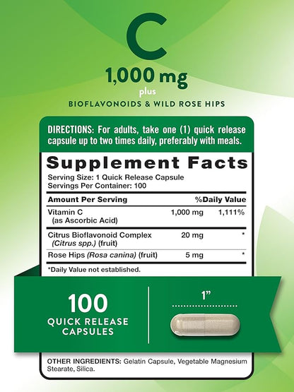 Nature's Truth Vitamin C 1000mg | 100 Capsules | with Wild Rose Hips & Bioflavonoids | Non-GMO & Gluten Free Supplement