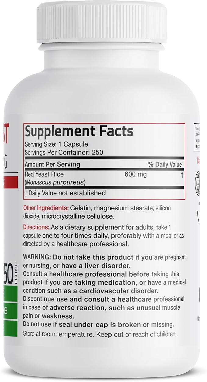 Bronson Red Yeast Rice 600 MG Monascus Purpureus Herbal Health, Non-GMO, 250 Capsules