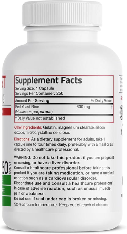 Bronson Red Yeast Rice 600 MG Monascus Purpureus Herbal Health, Non-GMO, 250 Capsules