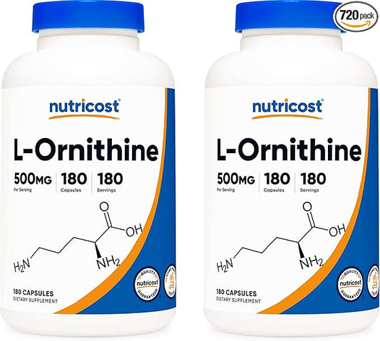 Nutricost L-Ornithine 500mg; 180 Capsules (2 Bottles)
