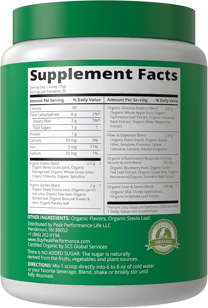Peak Performance Organic Greens Superfood Powder. Best Tasting Super Greens Powder with 25+ Organic Ingredients for Max Energy and Athletic Performance. Vegan Keto Green Juice Daily Drink