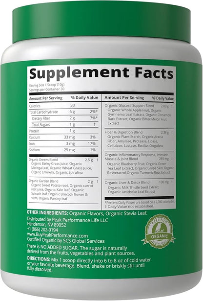 Peak Performance Organic Greens Superfood Powder. Best Tasting Super Greens Powder with 25+ Organic Ingredients for Max Energy and Athletic Performance. Vegan Keto Green Juice Daily Drink