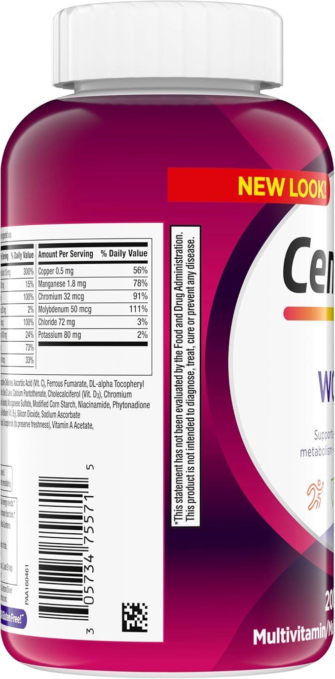 Centrum Multivitamin Tablet for Women, Multivitamin/Multimineral Supplement with Iron, Vitamin D3, B Vitamins and Antioxidant Vitamins C and E, Gluten Free, Non-GMO Ingredients - 200 Count