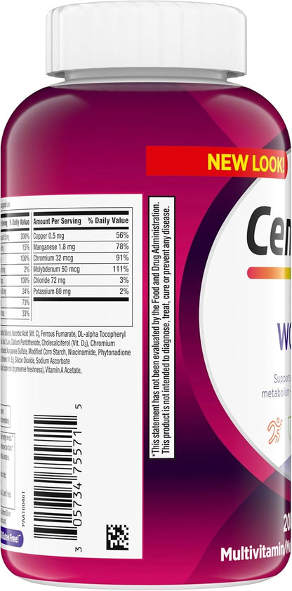 Centrum Multivitamin Tablet for Women, Multivitamin/Multimineral Supplement with Iron, Vitamin D3, B Vitamins and Antioxidant Vitamins C and E, Gluten Free, Non-GMO Ingredients - 200 Count
