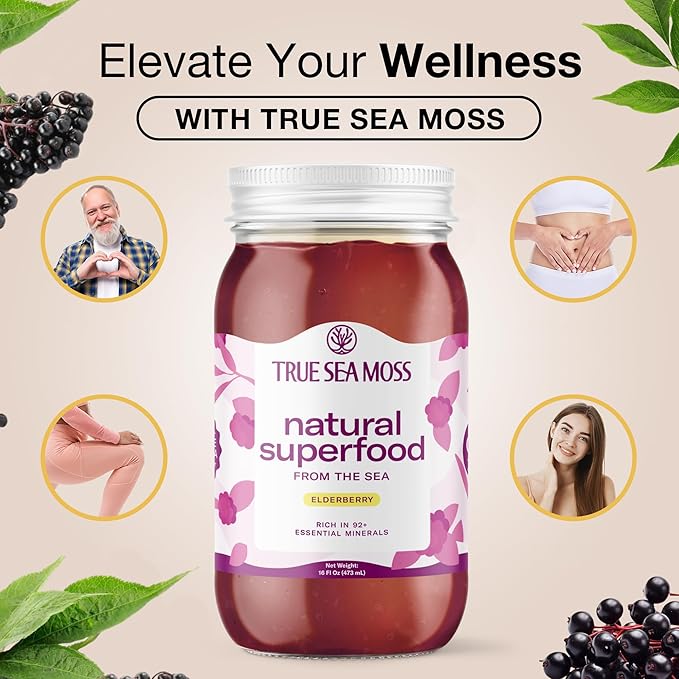 TrueSeaMoss Sea Moss Gel – Made in USA – Wildcrafted Seamoss, Fresh Fruits & Sea Vegetables – Elderberry, Pack of 5 (Labels may Vary)