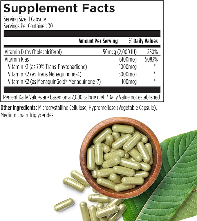 Premium D3/K2 - Full Spectrum Vitamin K2 MK7 + MK4 + D3 2000iu + K1, Daily D3 + K1/K2 Supplement, Highly Bioavailable VIT D Supplements and Vitamins for Strong Bones & Immune Support - 30 Capsules