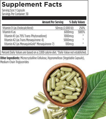 Premium D3/K2 - Full Spectrum Vitamin K2 MK7 + MK4 + D3 2000iu + K1, Daily D3 + K1/K2 Supplement, Highly Bioavailable VIT D Supplements and Vitamins for Strong Bones & Immune Support - 30 Capsules