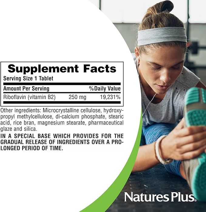 Natures Plus Vitamin B2 (Riboflavin) - 250 mg, 60 Vegetarian Tablets, Sustained Release - Natural Energy & Metabolism Booster, Promotes Overall Health - Gluten-Free - 60 Servings