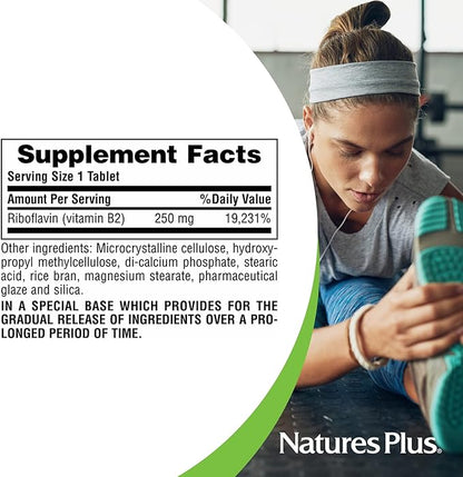 Natures Plus Vitamin B2 (Riboflavin) - 250 mg, 60 Vegetarian Tablets, Sustained Release - Natural Energy & Metabolism Booster, Promotes Overall Health - Gluten-Free - 60 Servings