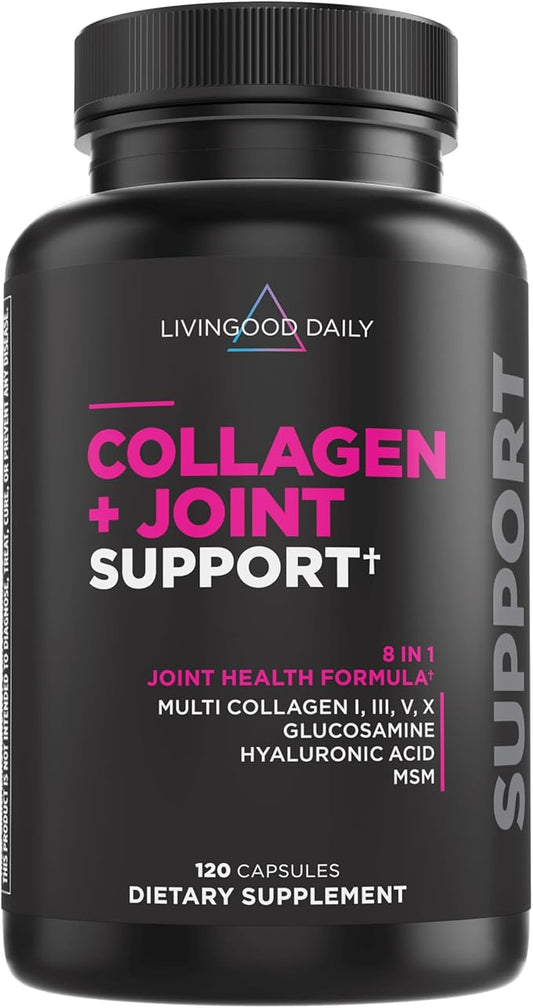 Livingood Daily Collagen Plus Joint Support - Grass-Fed Multi Collagen Peptides, Hyaluronic Acid, & MSM for Healthy Hair, Skin & Nails - Flexibility & Mobility - Keto, Gluten Free - 120 Capsules
