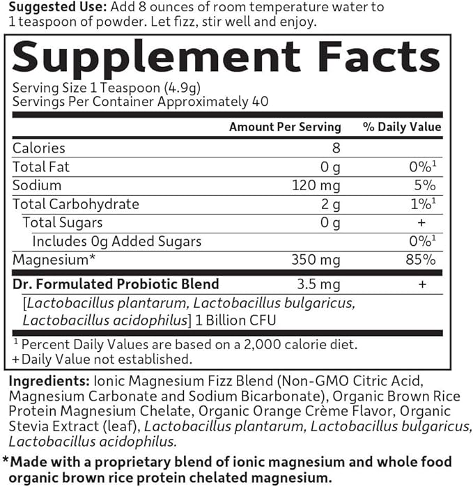Garden of Life Dr. Formulated Whole Food Magnesium 197.4g Powder Orange,40 Servings(Pack of 1), Non-GMO,Vegan,Gluten & Sugar Free Supplement with Probiotics - Best for Anti-Stress,Calm & Regularity