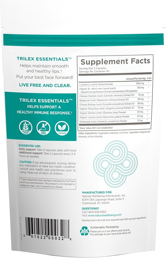 Natural Wellbeing Trilex Essentials for Cold Sores - with Lysine, St. John's Wort (Hypericin) for Smooth and Healthy Lips - Herbal Supplement 90 Veg caps