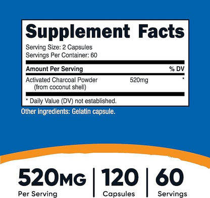 Nutricost Activated Charcoal 520mg, 120 Capsules - Premium Powder, Non-GMO & Gluten Free