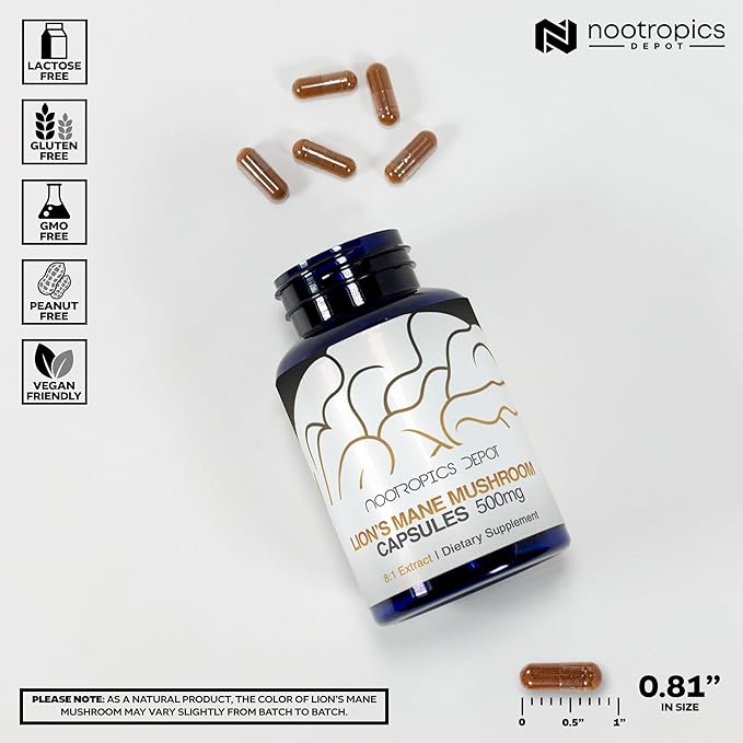 Nootropics Depot Lions Mane Mushroom Capsules | 8:1 Whole Fruiting Body Dual Extract | 500mg | 180 Count | Hericium erinaceus